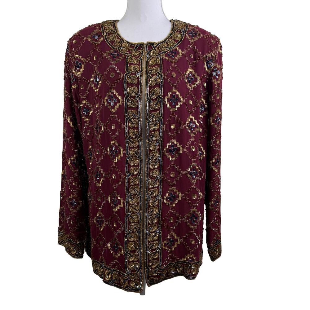 Vintage 80s Past Times Burgundy Heavily Beaded Sequin 100% Silk Jacket Large